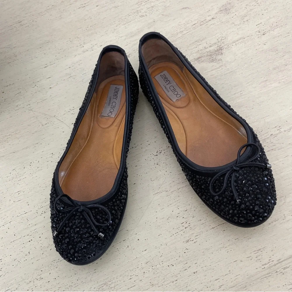 Jimmy Choo Weber Crystal Flats Rhinestone Jeweled Ballet Flat Shoes Size 37 1/2 - Picture 1 of 8
